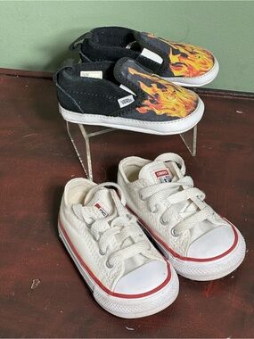 2 Pairs Of Baby Shoes Vans Black Flames White Converse All Stars Both Size 4